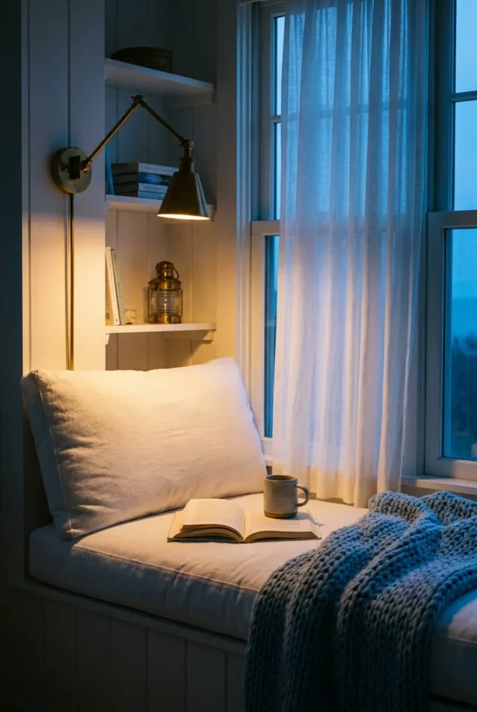 Coastal window seat reading nook lit by a warm 2700K brass lamp against cool evening window light.