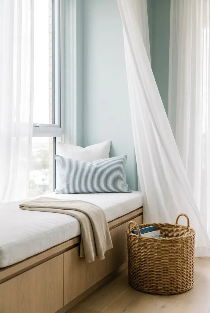 Coastal window seat reading nook with white linen cushion, blue striped pillow, and sheer curtains.