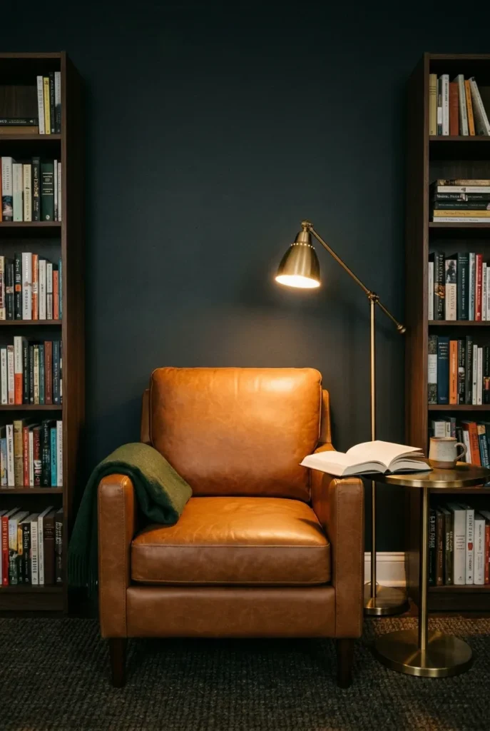 Cognac leather armchair in a moody home library reading nook with dark walnut shelves, brass side table, and wool throw.