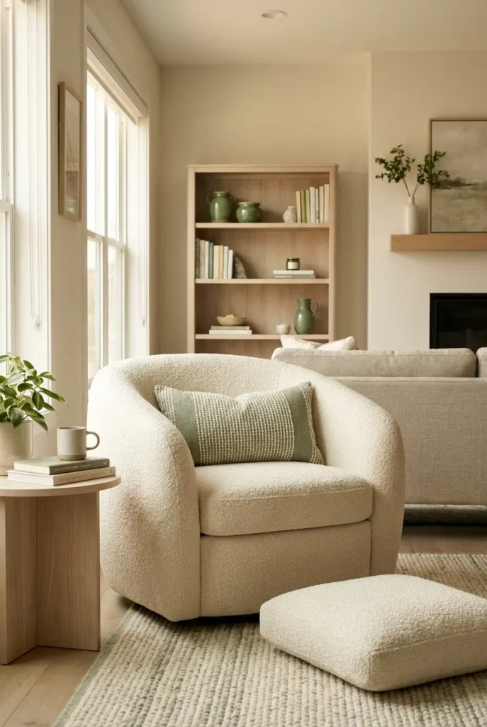 Comfortable bouclé reading chair with lumbar pillow as the centerpiece of an open-plan living room reading area.