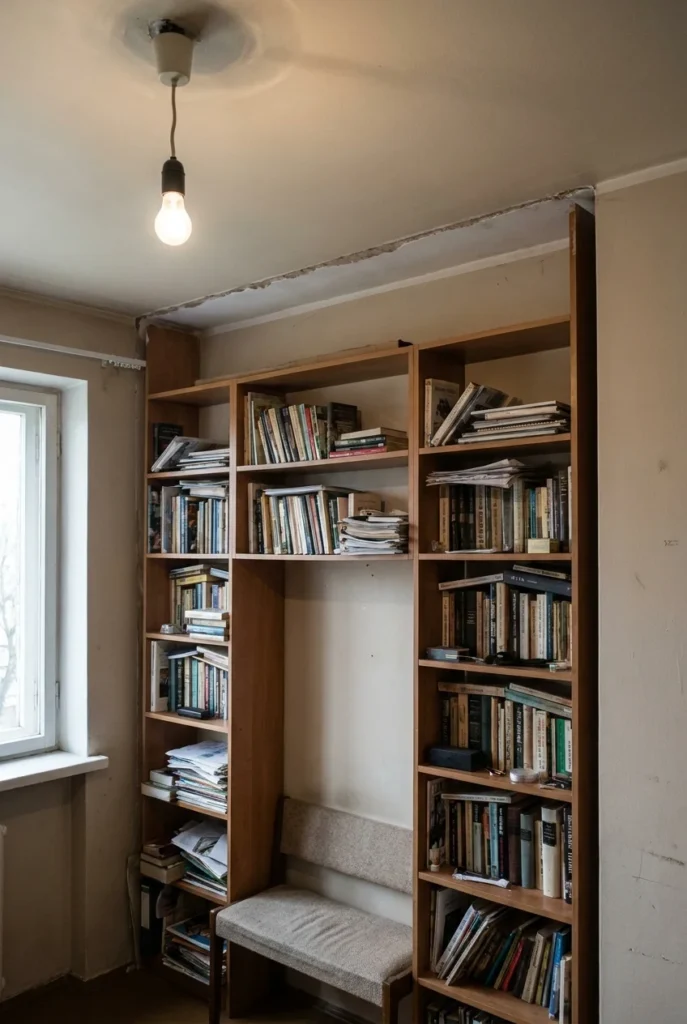 Common reading nook bookcase wall mistakes ceiling gap, overcrowded shelves, harsh overhead bulb lighting.