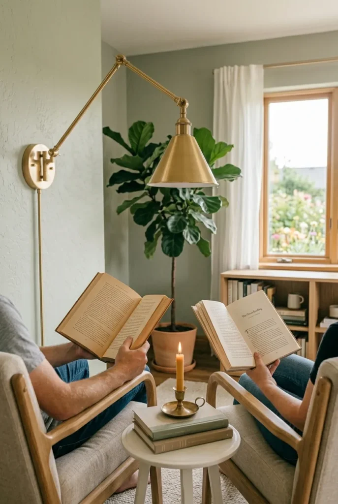Compact corner reading nook for two in a small living room with slim armchairs.