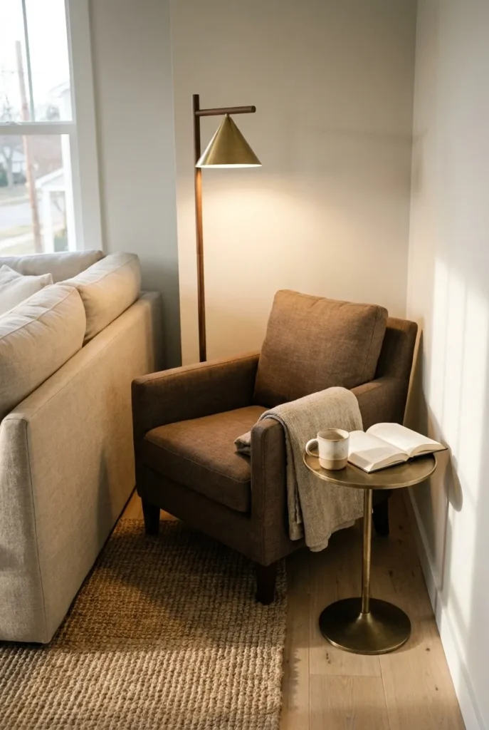 Compact tiny reading nook armchair wedged between a sofa and living-room wall with walnut floor lamp and brass side table.