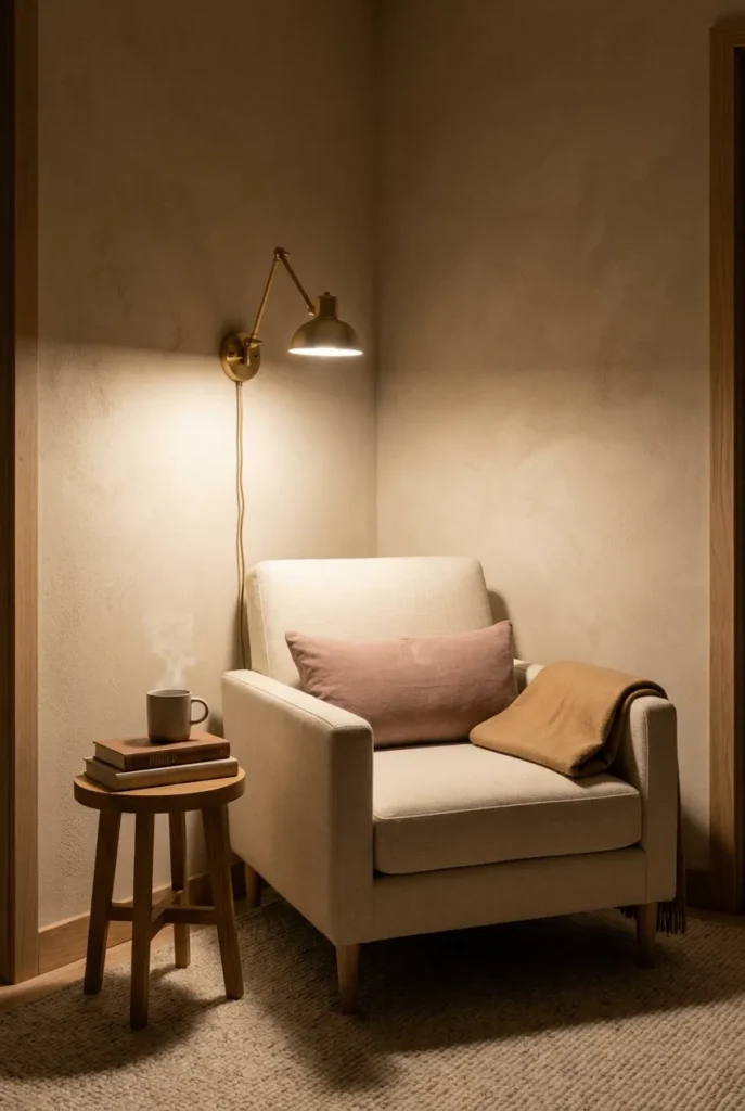 Compact tiny reading nook armchair with plug-in brass swing-arm sconce and warm 2700K bulb for adults.