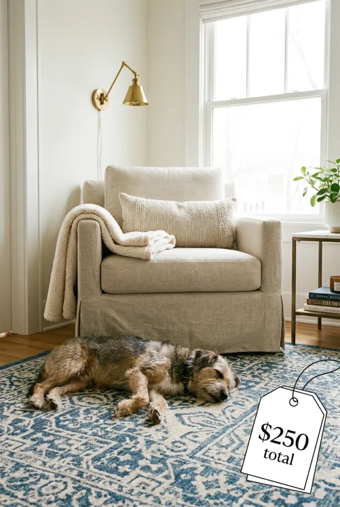 Complete pet-friendly reading nook built for $250 with chair, sconce, rug, throw, and pillow shown.