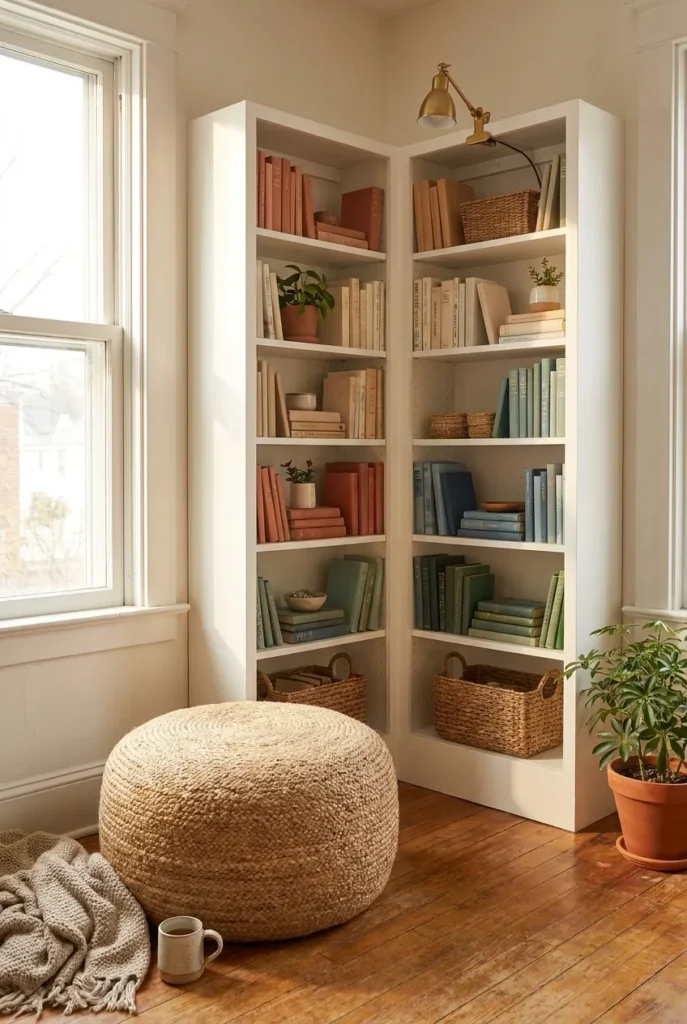 Corner bookshelf small home library with L-shaped shelves and a 24-inch round jute pouf reading seat in front.