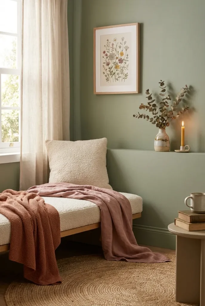Cottagecore book nook with layered linen, boucle, and jute textures against a sage wall.