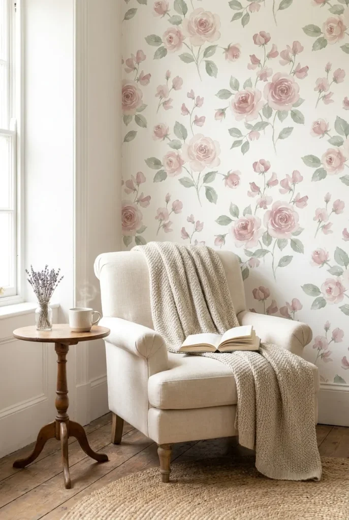 Cottagecore reading nook with English garden floral wallpaper, cream linen armchair, oatmeal throw, and dried lavender side table.