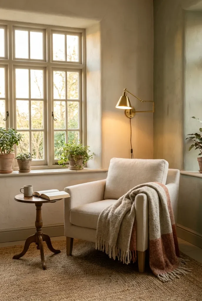 Cozy book nook ideas in a small corner with armchair, brass lamp, and wool throw by a window.