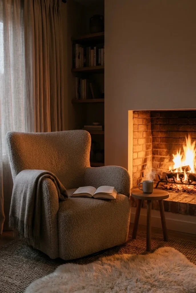 Cozy fireplace reading nook with a boucle armchair, wool throw, and glowing brick hearth at dusk.