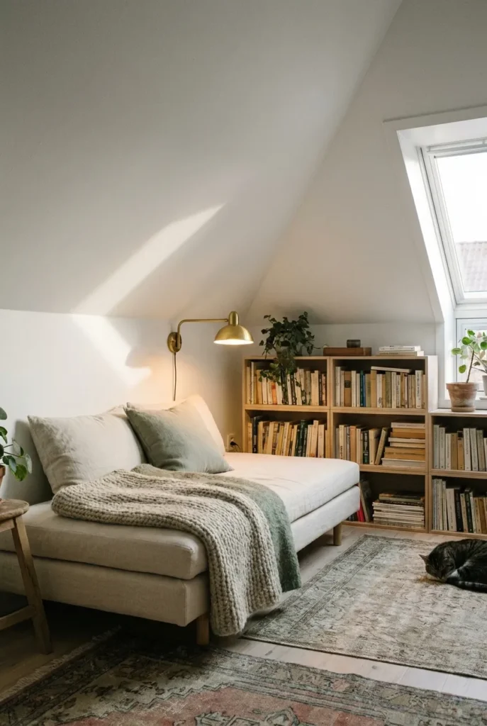 Cozy loft reading nook with daybed, warm lamp, and bookshelves under a sloped ceiling.