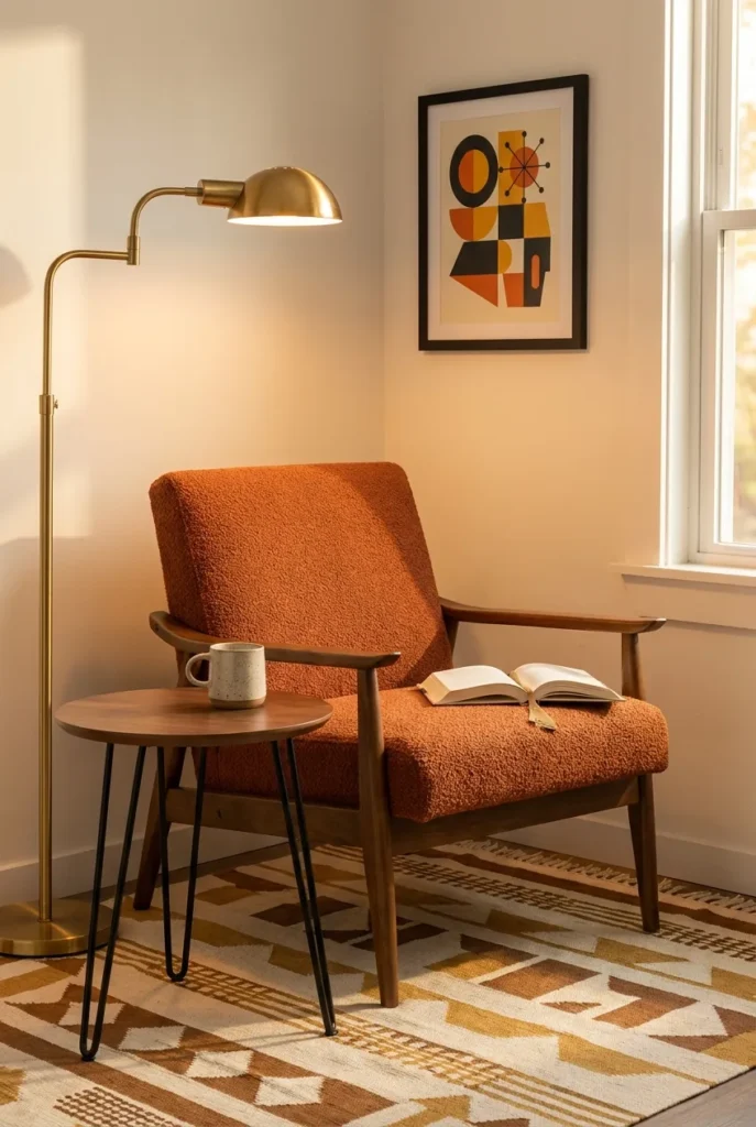Cozy mid-century modern reading nook with walnut armchair, brass swing-arm floor lamp, and warm 2700K lighting in a small apartment corner.