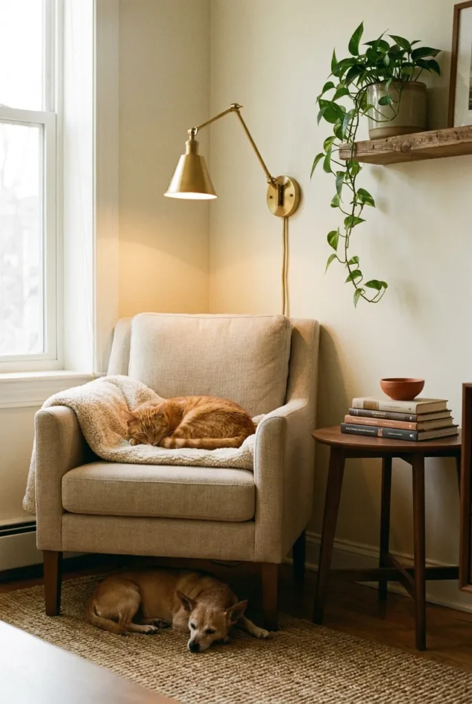 Cozy pet-friendly reading nook with cat on sherpa throw and small dog on jute rug under a warm sconce.