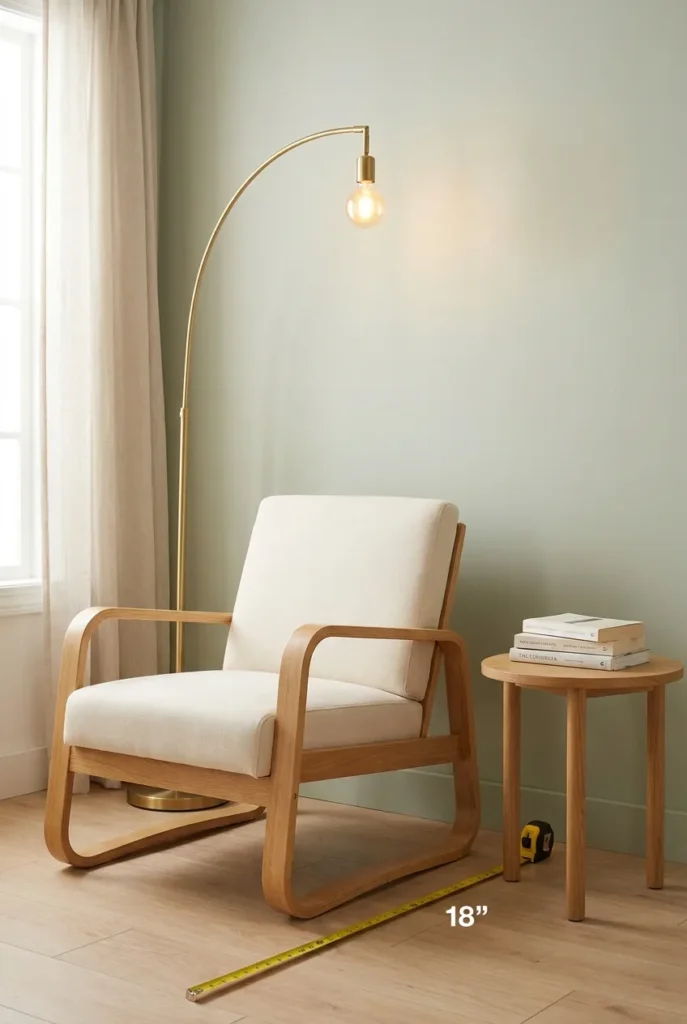 Cozy reading nook chair placed 18 inches off the wall with a brass floor lamp for warm light.