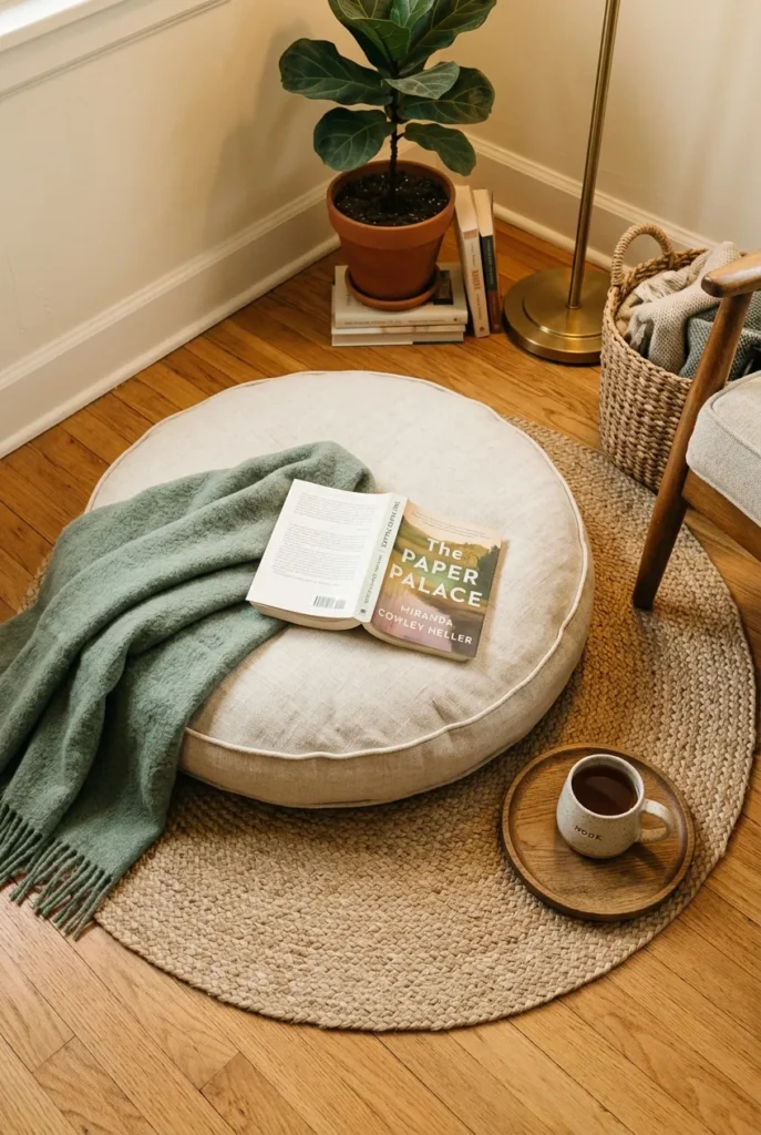 Cozy reading nook floor cushion setup with linen cushion, jute rug, and wool throw in a warm living room corner.