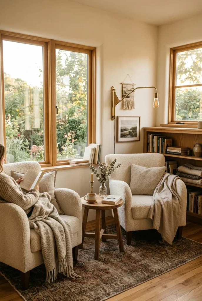 Cozy reading nook for two with two armchairs and a shared lamp in a sunlit corner.