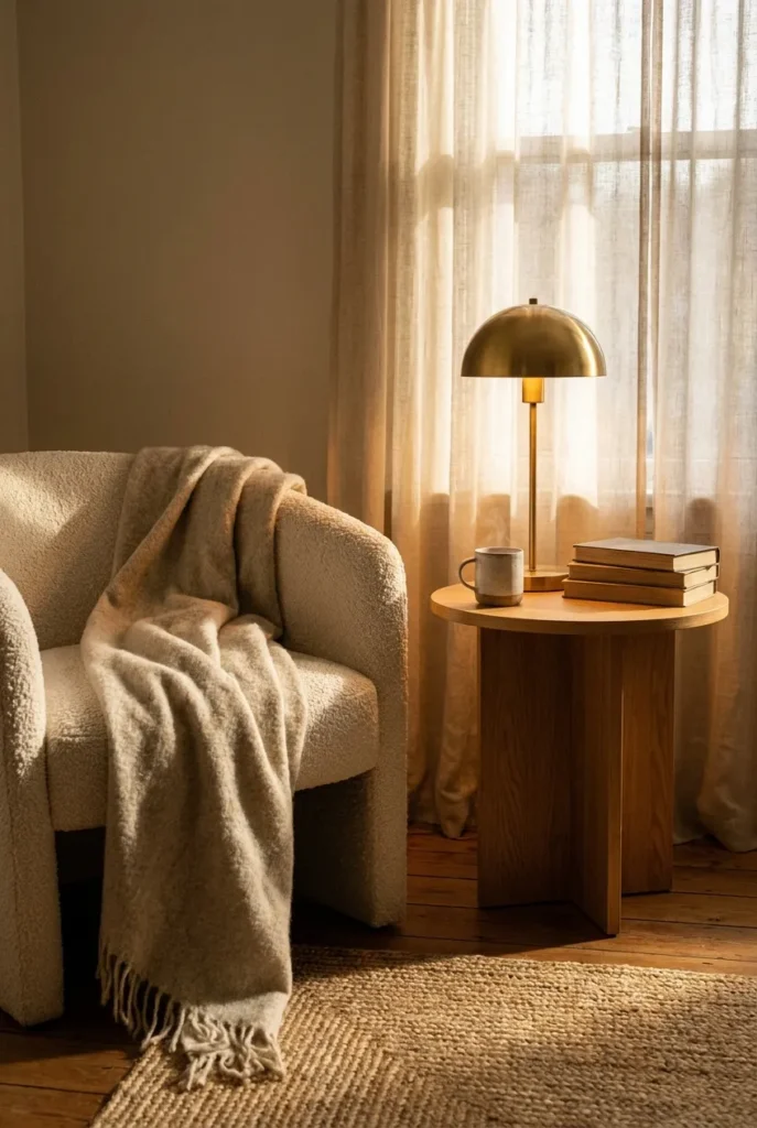 Cozy reading nook side table styled with brass lamp, books, and tea mug beside a cream boucle armchair.