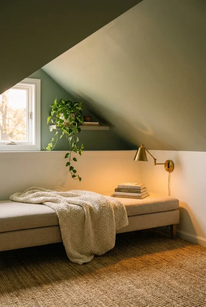 Cozy reading nook under eaves with linen bench, cream boucle throw, brass plug-in sconce, and trailing pothos on sage-green knee wall in a warm attic retreat.