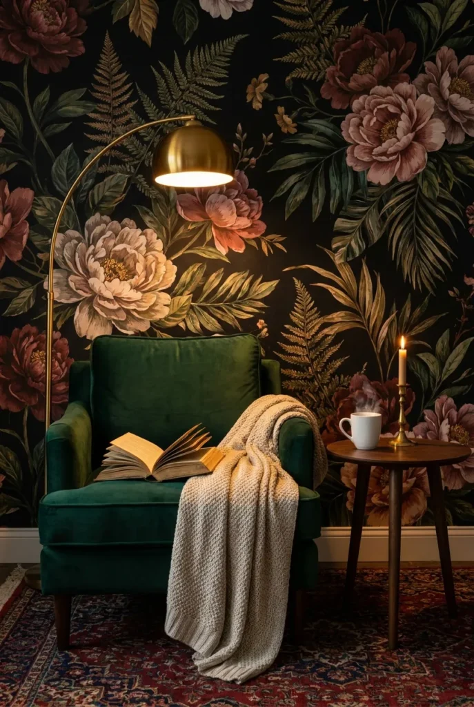Cozy reading nook with dark floral wallpaper, emerald velvet armchair, brass arc lamp, and warm golden candlelight.