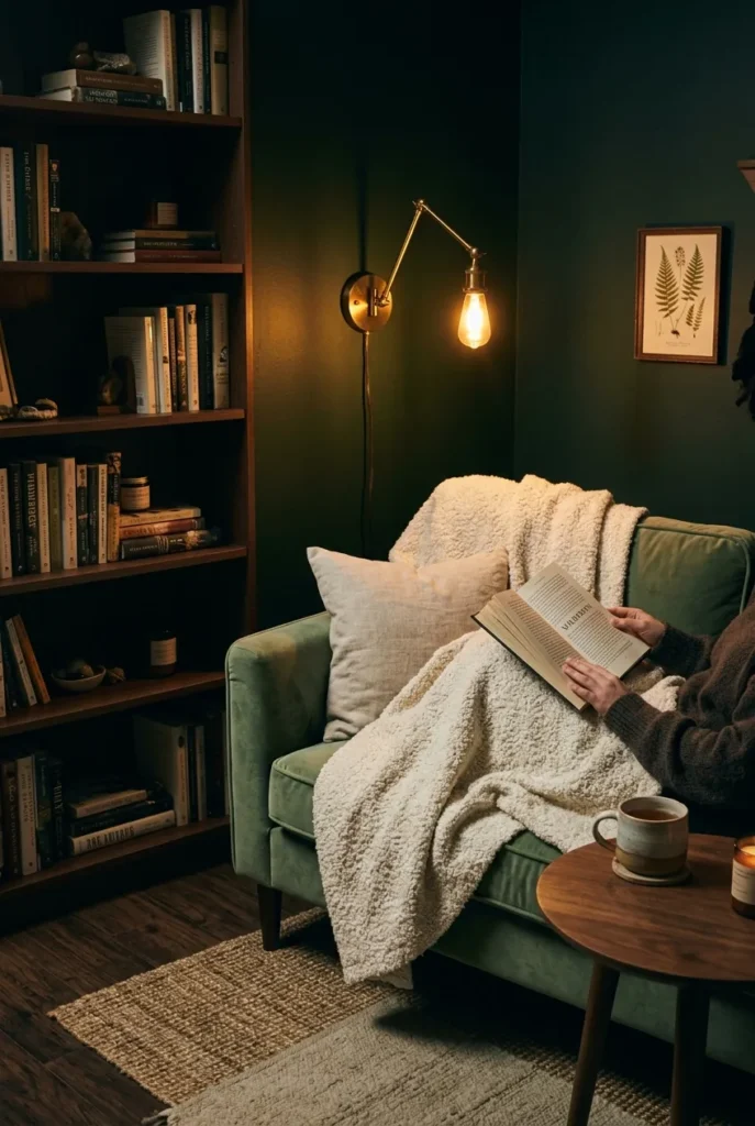 A warm interior reading corner in a windowless room, plush sage green armchair with a cream boucle throw, dark moody walls painted in deep forest green, a brass plug-in swing-arm sconce casting a 2700K amber pool of light onto an open hardcover, layered jute rug under a small walnut side table holding a ceramic mug, tall narrow bookcase to the left, soft shadows and cozy cocoon framing, late evening mood, vertical 2:3 aspect ratio for Pinterest.