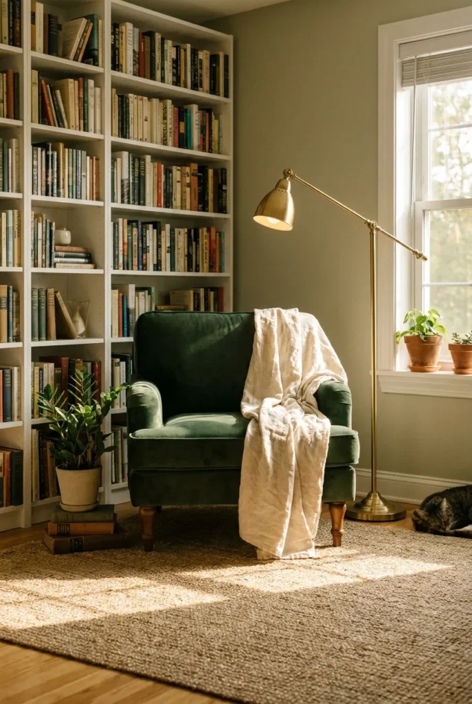 Cozy reading room ideas in a spare room with a green armchair, bookcase wall, and warm lamp.