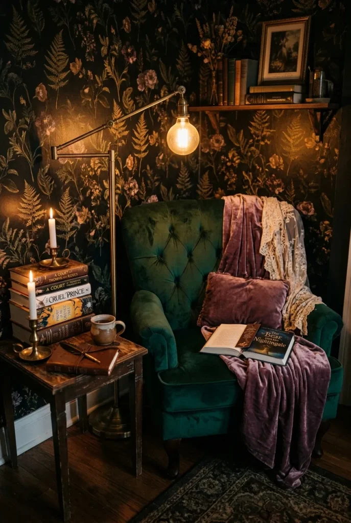 Cozy romantasy reading nook with emerald velvet chair, brass lamp, and dark botanical wallpaper.