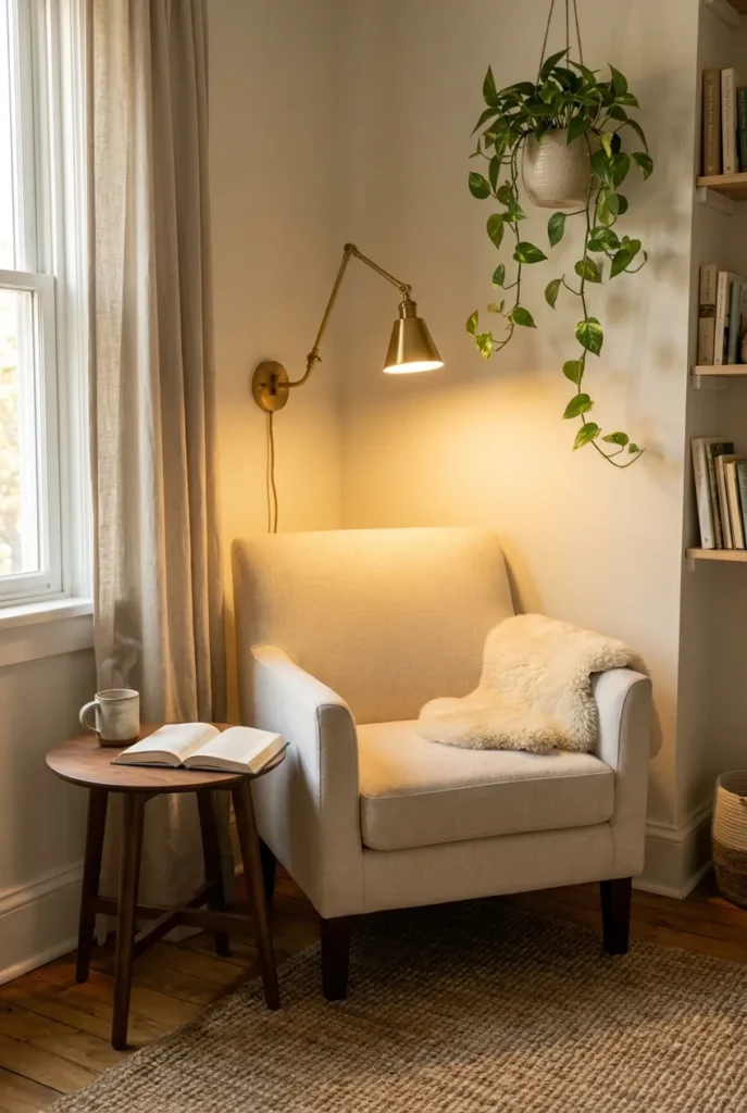 Cozy tiny reading nook under 1 square meter with cream linen armchair, brass sconce, and warm 2700K light.