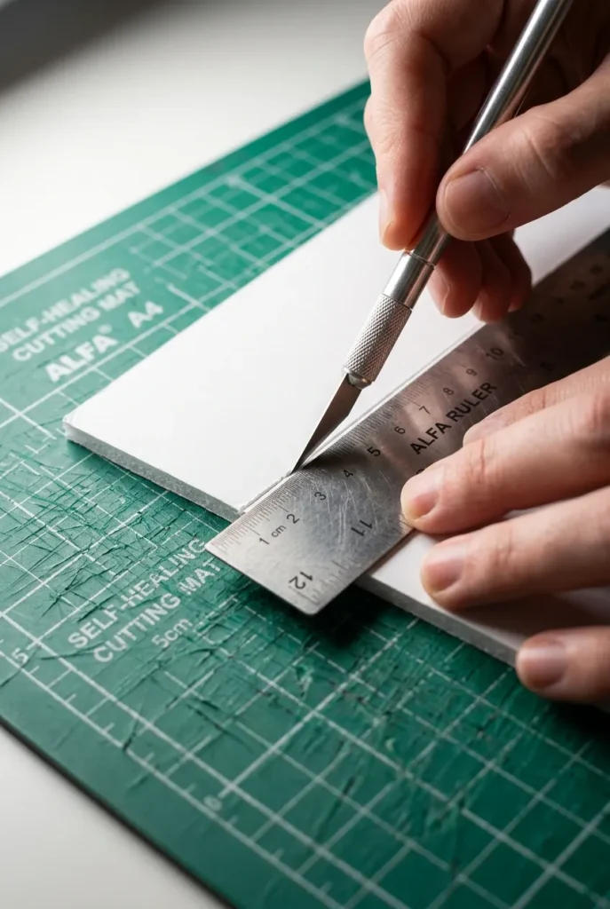 Craft knife scoring foam board along a metal ruler on a green cutting mat.