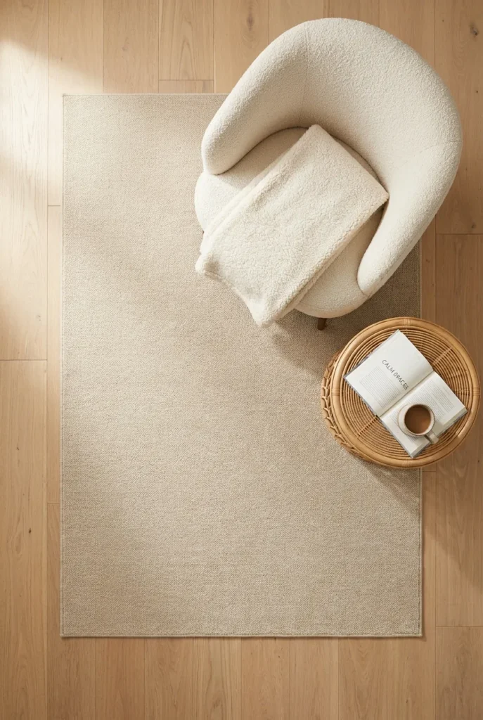 Cream boucle chair, sherpa throw, and washable rug forming the 3-piece pet-friendly reading nook formula.