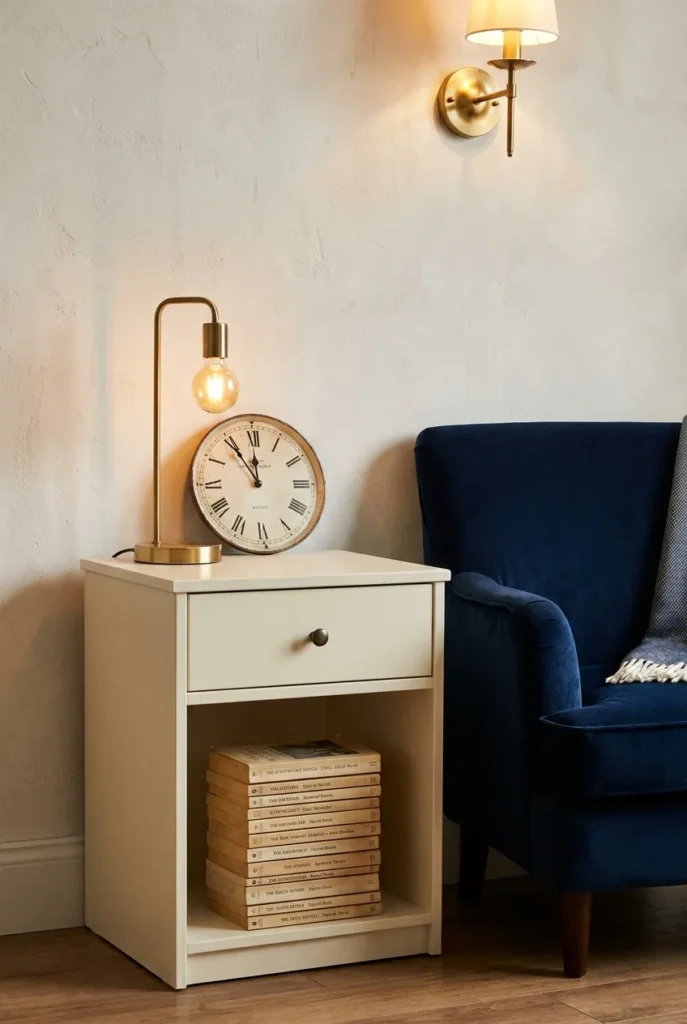 Cream storage side table with drawer and open shelf holding stacked paperbacks beside a navy reading chair.