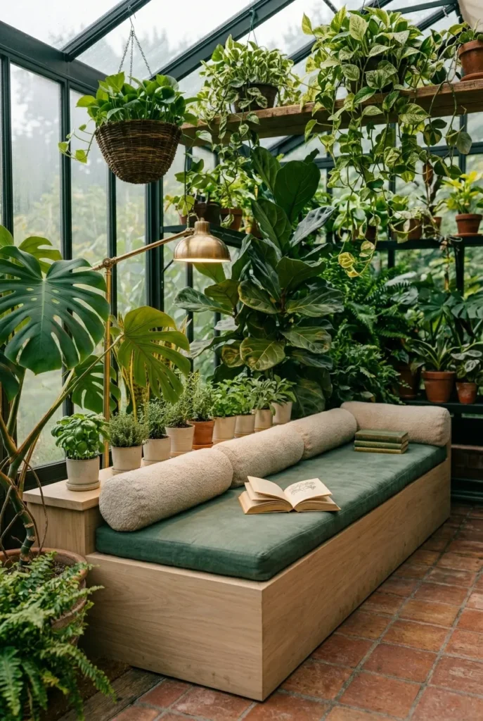 Cushioned greenhouse window seat with sage cushions, bolster pillows, and potted herbs along a sunny sill.