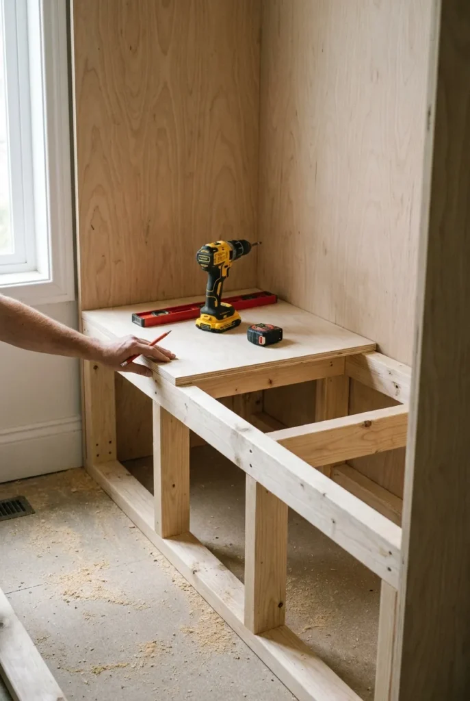 DIY wardrobe reading nook mid-build with plywood bench, 2x4 base, and cordless drill inside closet.