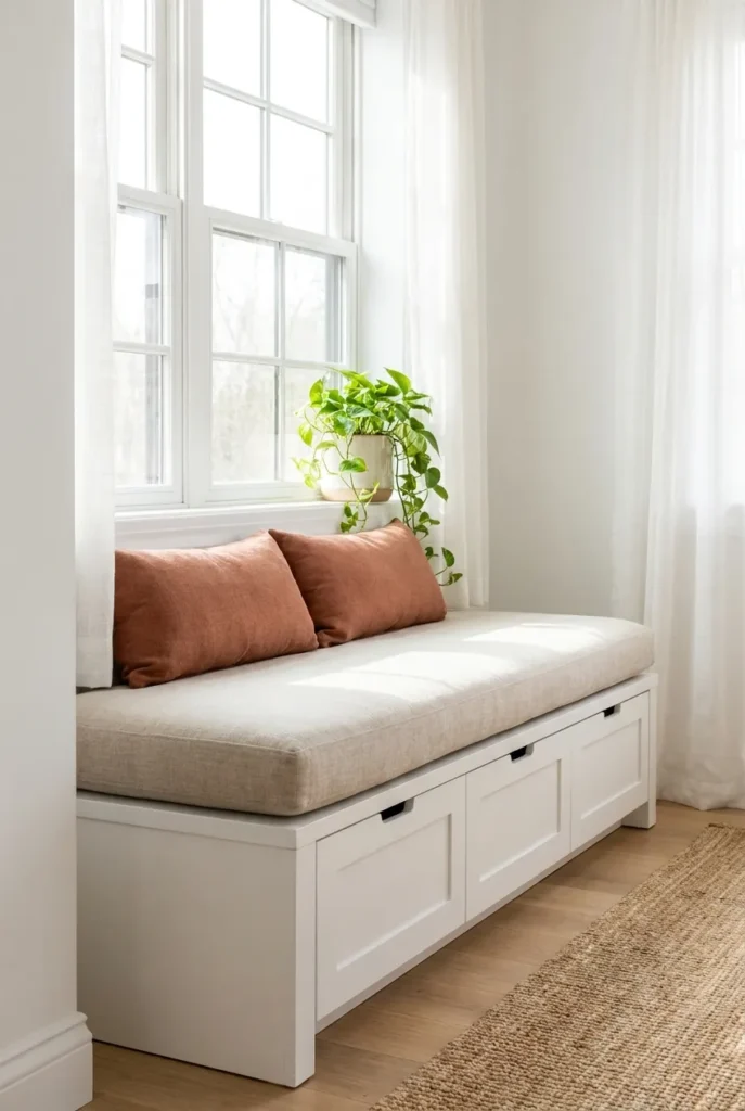 DIY window seat book nook made from a storage bench with a linen cushion and lumbar pillows.