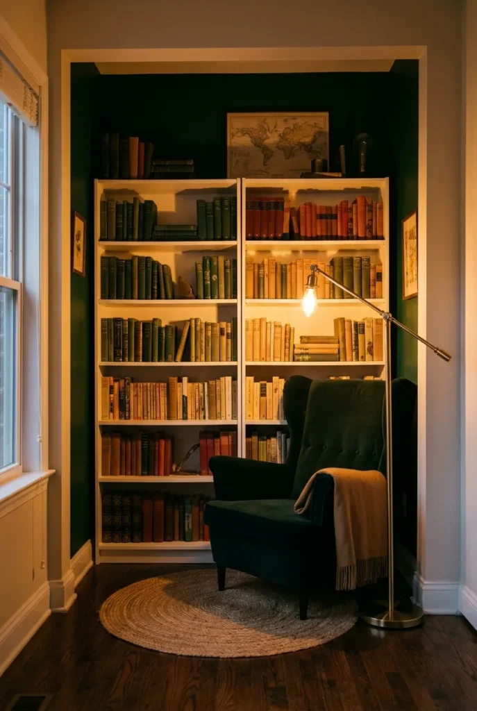 Dark academia small home library with forest green accent wall, white Billy bookcases, and brass swing-arm floor lamp.