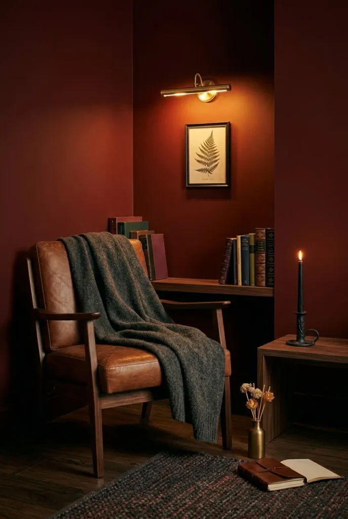 Dark oxblood walls and warm sconce lighting in a windowless reading nook.