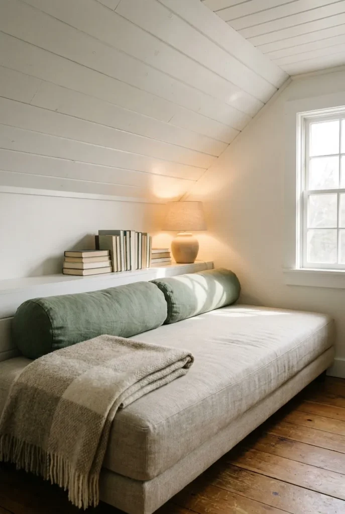 Daybed reading nook against a loft kneewall with bolsters and a wool throw.