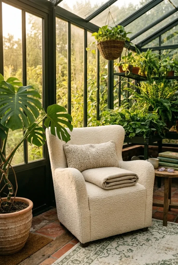 Deep boucle armchair angled toward greenhouse glass with a monstera and wool throw for a reading corner.