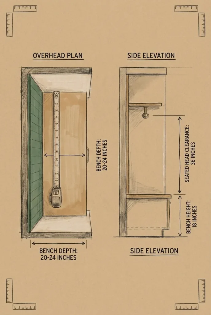 Diagram showing key wardrobe reading nook measurements for bench depth and head clearance.