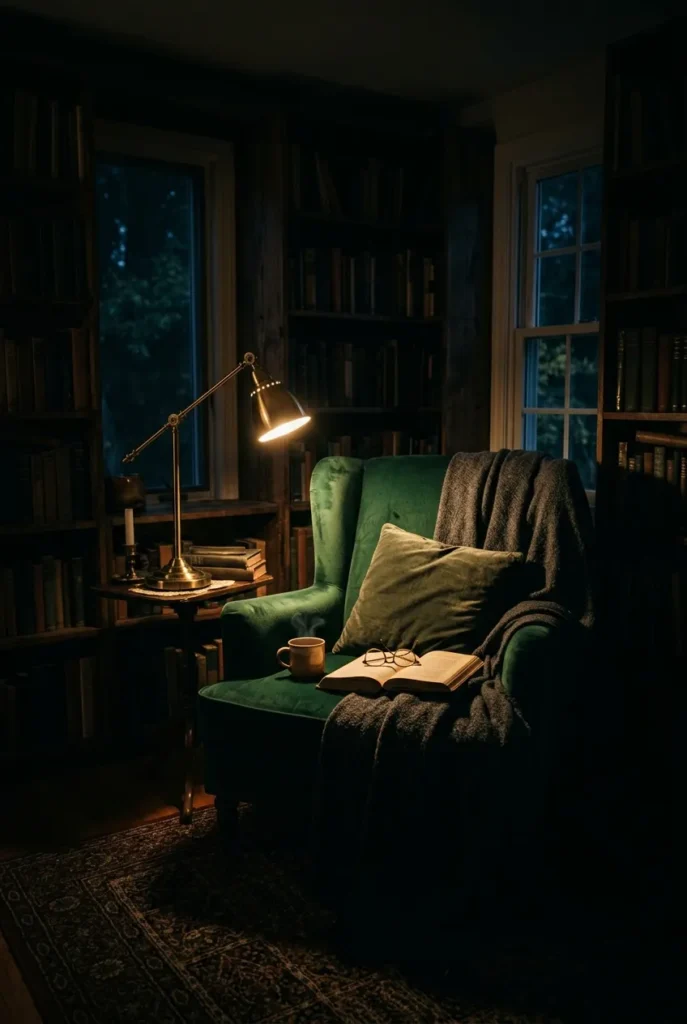 Dim romantasy reading nook at night with one warm pool of lamplight on a velvet chair.