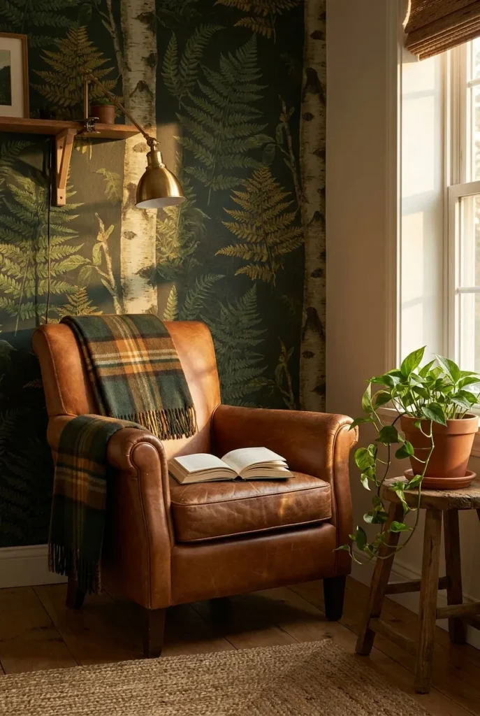 Earthy reading nook with woodland fern wallpaper, cognac leather armchair, brass clip lamp, and trailing pothos plant.