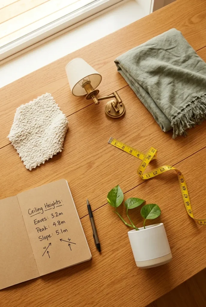 Eaves reading nook planning flat lay with cream boucle swatch, brass sconce, sage linen throw, yellow measuring tape, pothos cutting, and handwritten ceiling measurements on oak table.