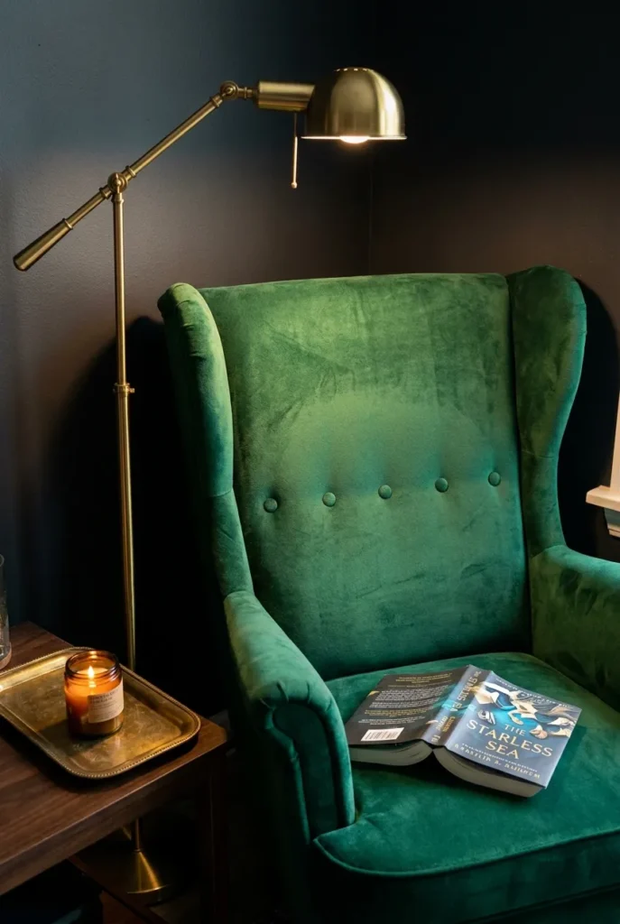 Emerald velvet chair under a brass swing-arm lamp in a romantasy reading nook.