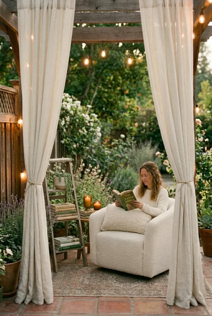 Enclosed patio reading nook with ivory curtain panels, cream armchair, ladder shelf with books, and string lights.
