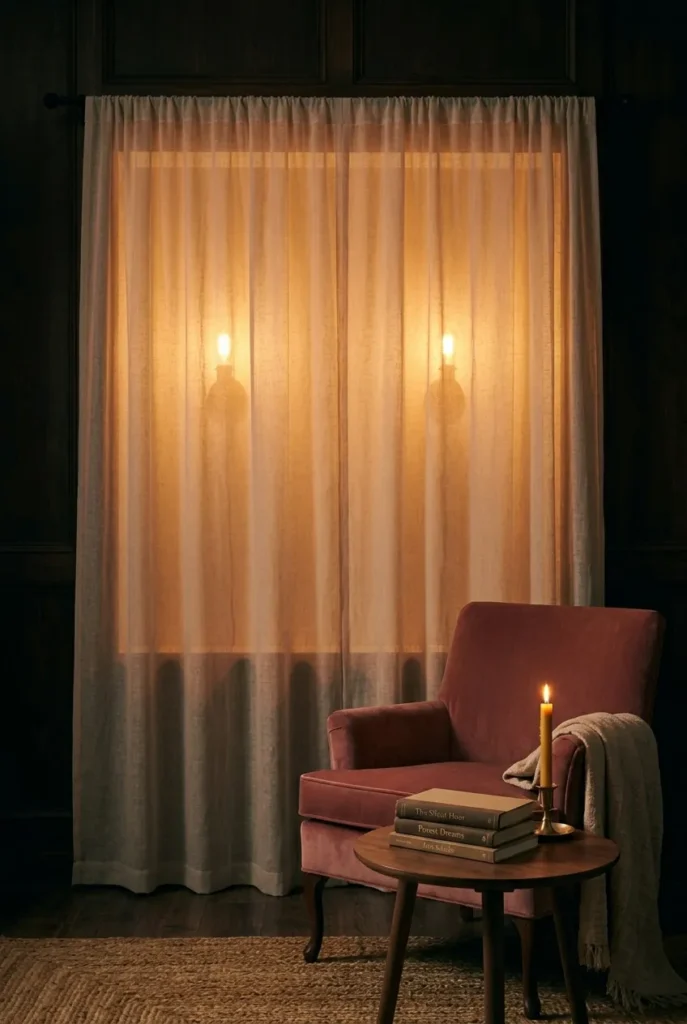 Faux window effect with sheer linen panel over warm sconces in a no-window reading corner.
