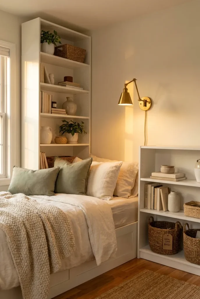 Finished Billy bookcase reading nook with daybed, styled shelves, and warm lighting.