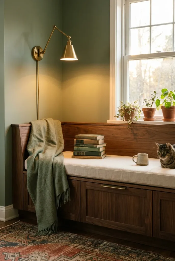 Finished cozy reading nook with hidden storage bench, warm lamp, throw, and stacked books.