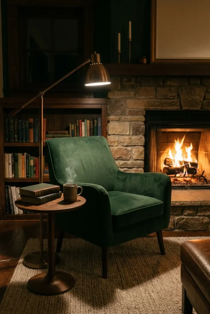 Fireplace reading nook showing heat gap, lamp reach, and books within arm's reach.