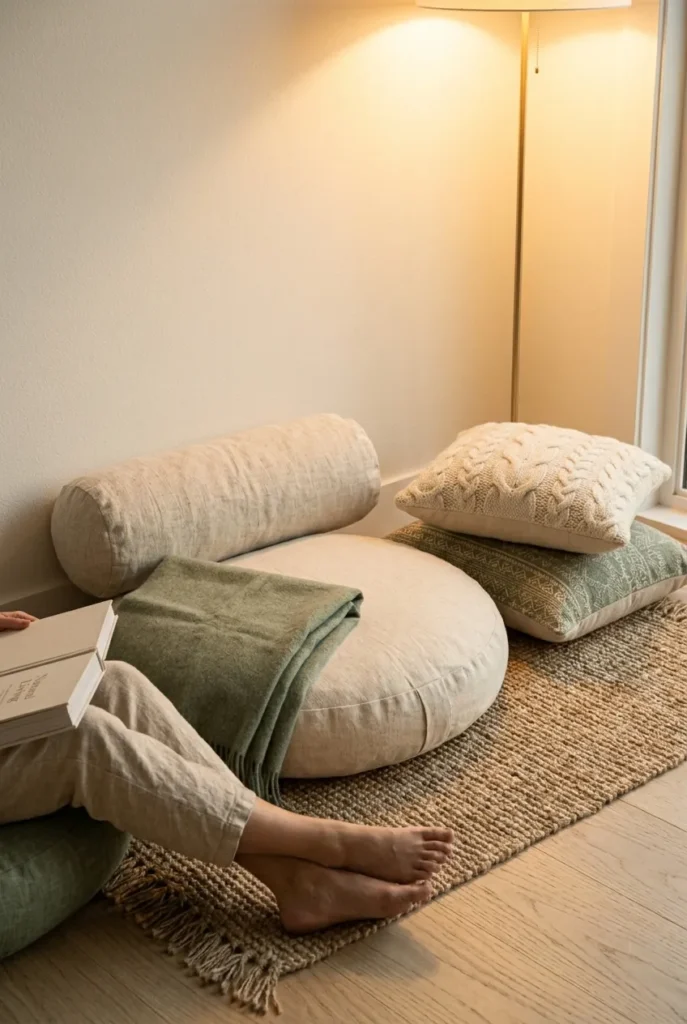 Five-layer reading nook floor cushion setup with jute rug, linen cushion, lumbar bolster, side pillows, and folded wool throw.