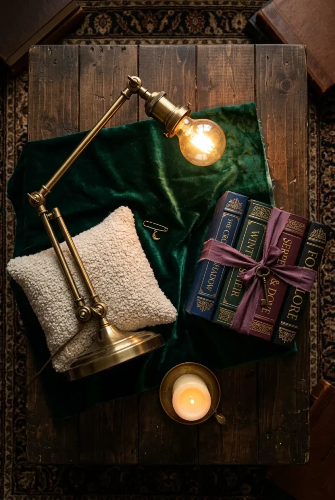 Five romantasy reading nook elements velvet, brass lamp, boucle cushion, books, and a candle.