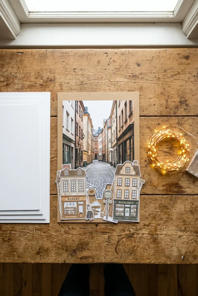 Flat-lay of book nook materials: foam board, printed backdrop cutouts, and warm fairy lights.